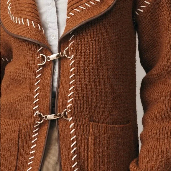 Maeve Anthropologie faux leather Brown Sweater with White Stitching - Picture 2 of 4